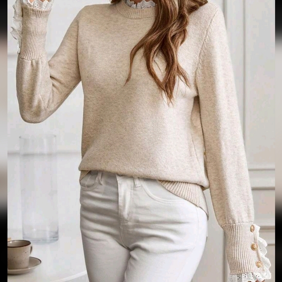 Women's Apricot Floral Trim Crew Neck Long Sleeve Knitted Sweater - Picture 2 of 4